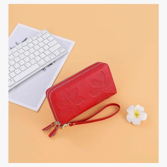 Vibrant Red Floral Embossed Leather Clutch with Wrist Strap RFID - Picture 6 of 11